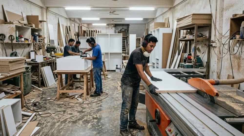 A trainee feeding a board through a panel saw in a busy workshop
