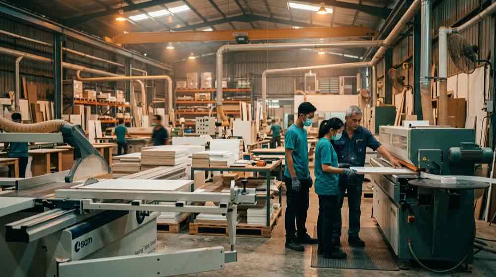 Trainees working at panel machines on a cabinet factory floor
