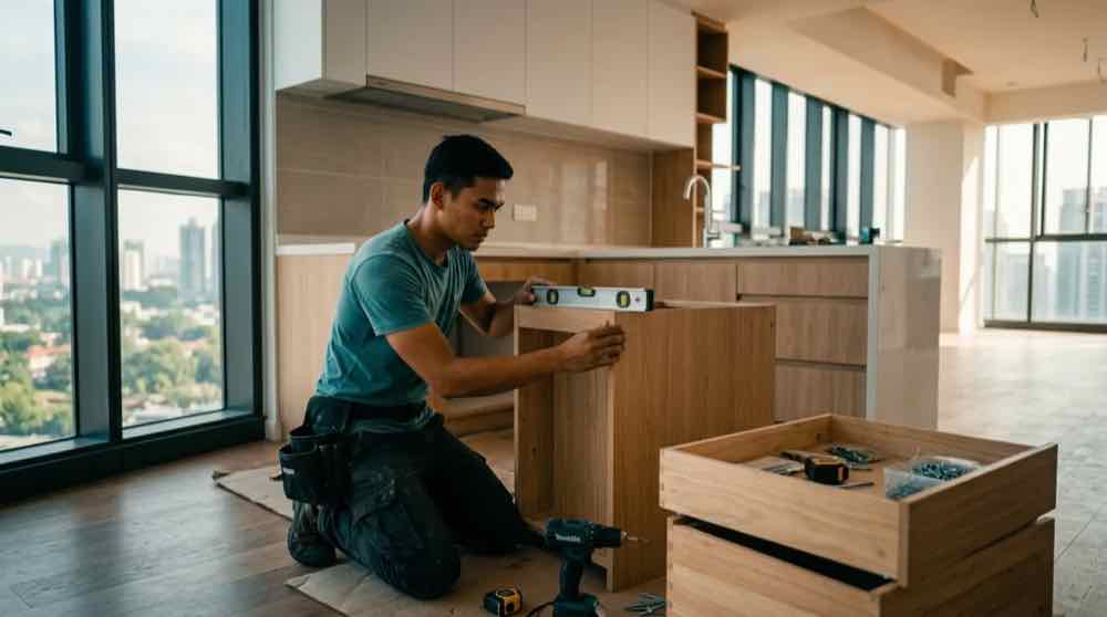 A cabinet maker installing a kitchen cabinet on site