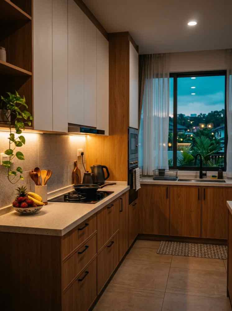 A finished fitted kitchen with timber cabinets