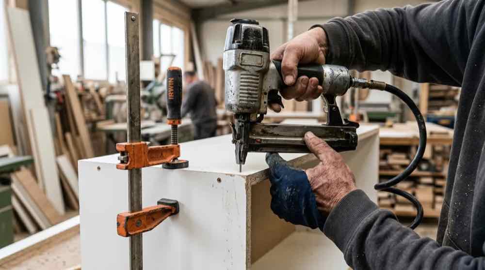 A nail gun fixing a cabinet panel