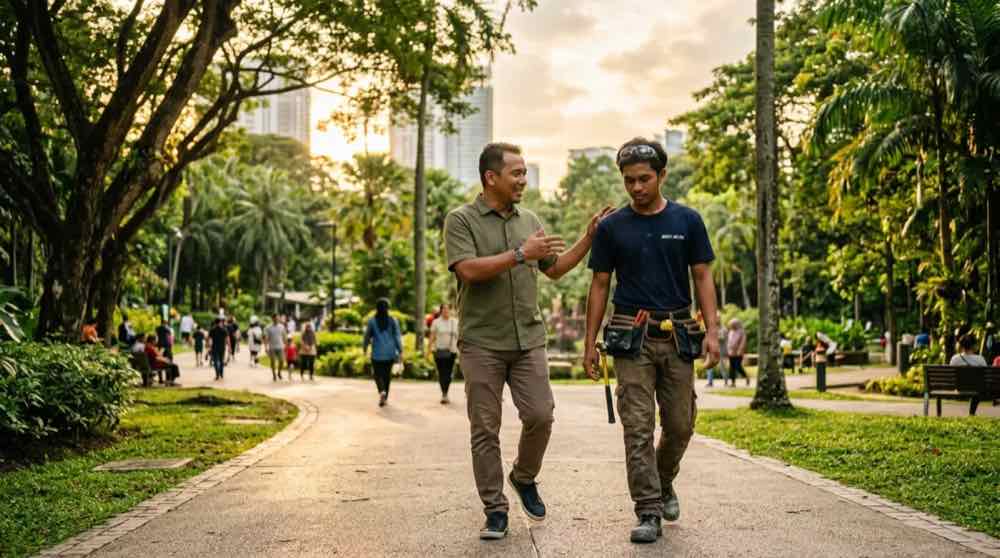 A mentor walking and talking with a young trainee in a park