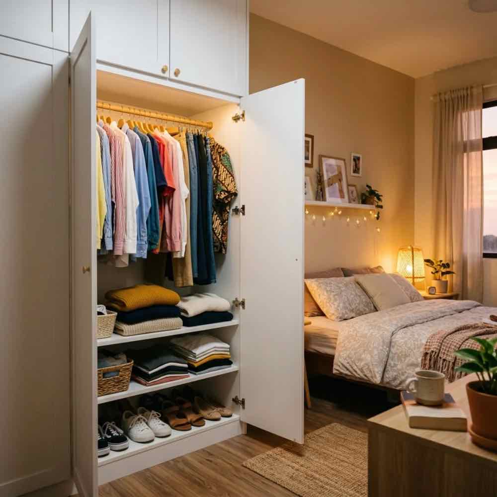 Built-in wardrobe, door open, clothes hanging
