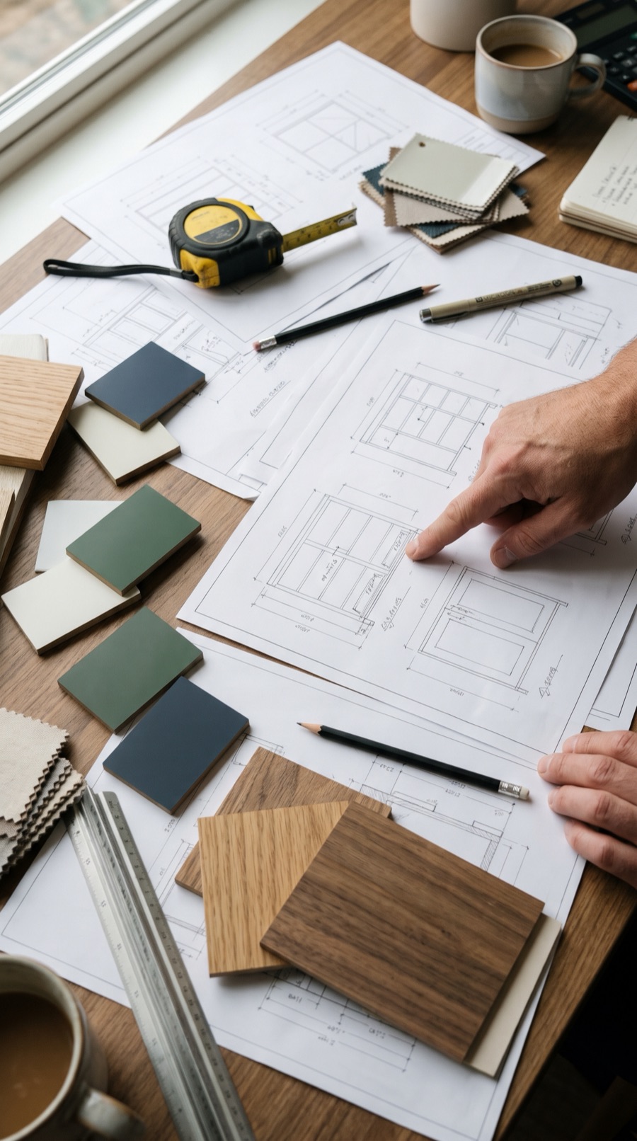 A designer checking a cabinet drawing at a desk
