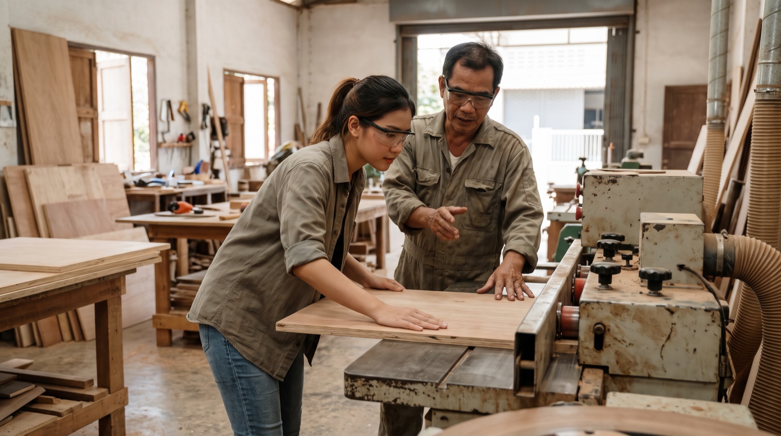 An interior designer learning to build a cabinet in the workshop