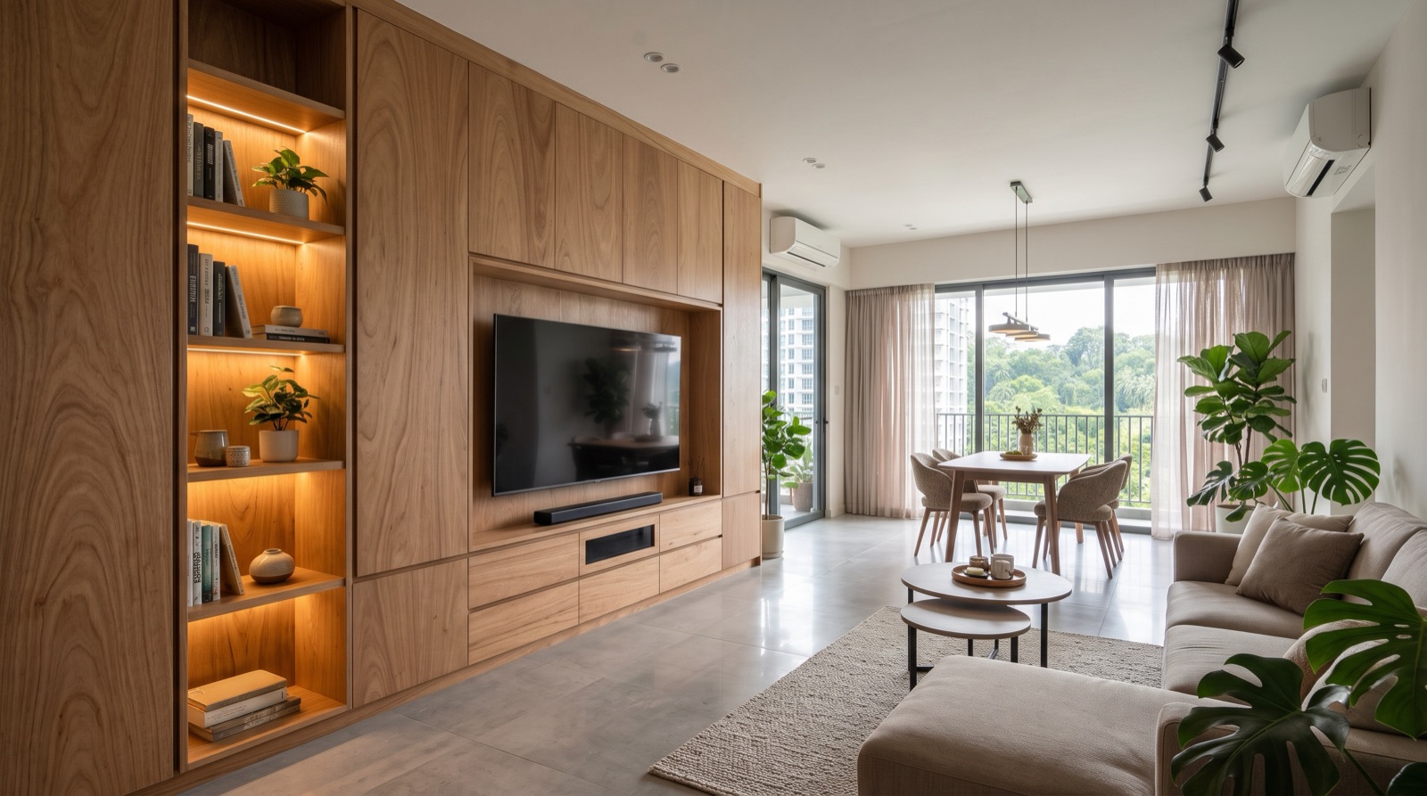 A finished living room with built-in cabinets