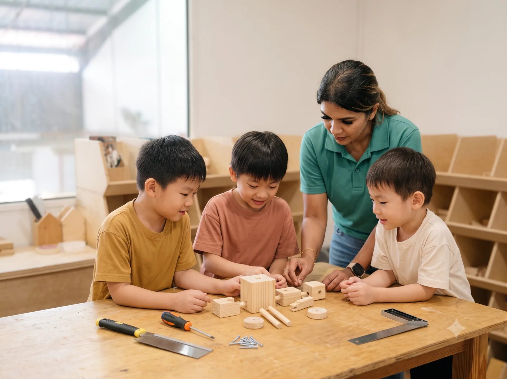 Three young children building a small wooden project at a table with a KitaBina facilitator beside them