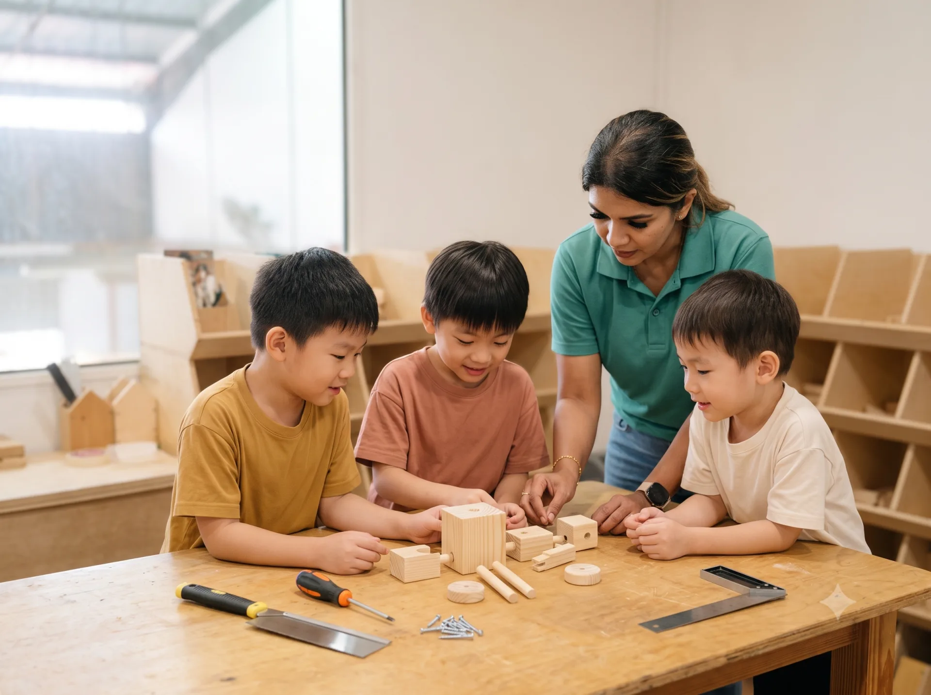Three young children building a small wooden project at a bench with a KitaBina facilitator beside them