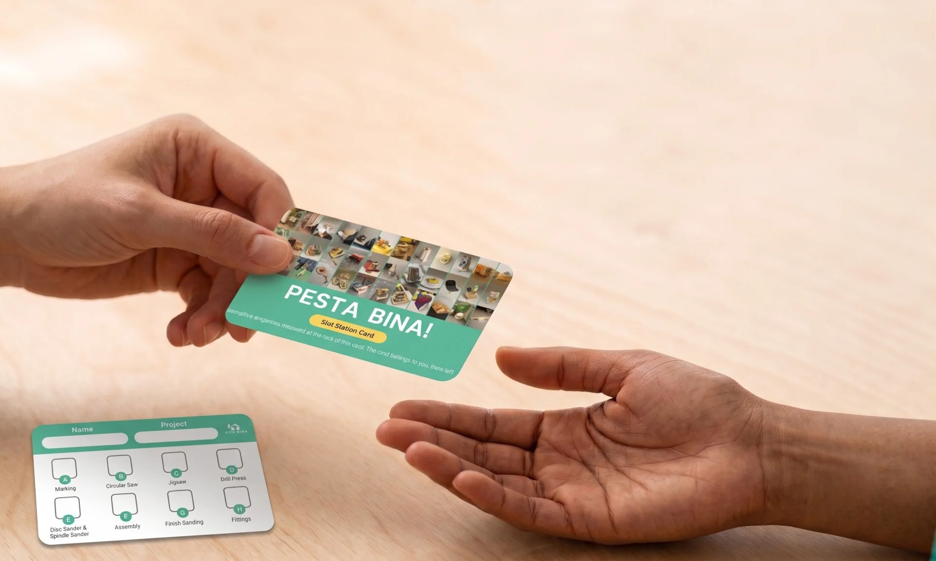 A Pesta Bina skill card being handed from one person to another, with a stamped skill card on the table
