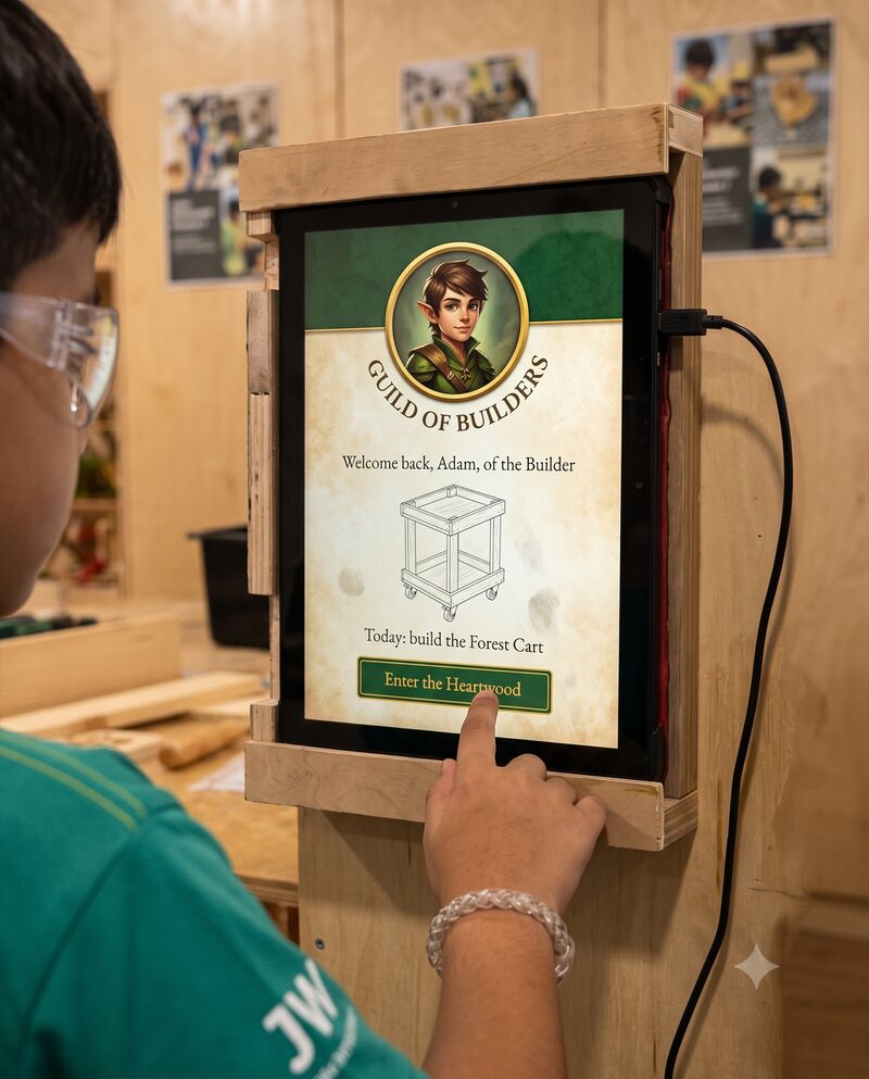 A young builder taps into their guild on the tablet