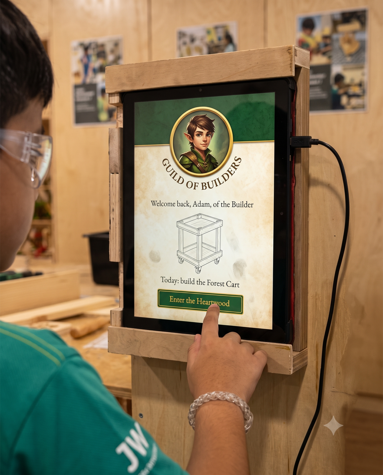 A young builder taps into their guild on the tablet