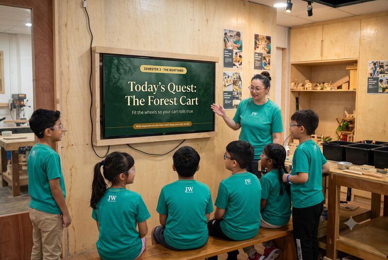 The class watches today's quest on the workshop TV