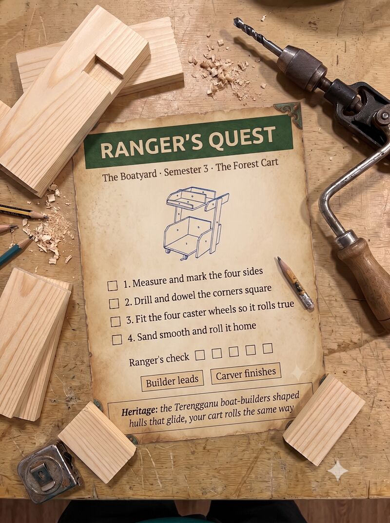 A printed Ranger's Quest worksheet among the wood