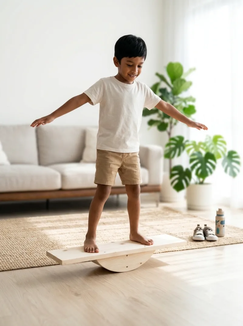 A child standing on a wooden balance board