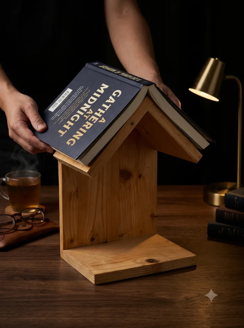 A wooden bookmark stand holding a book