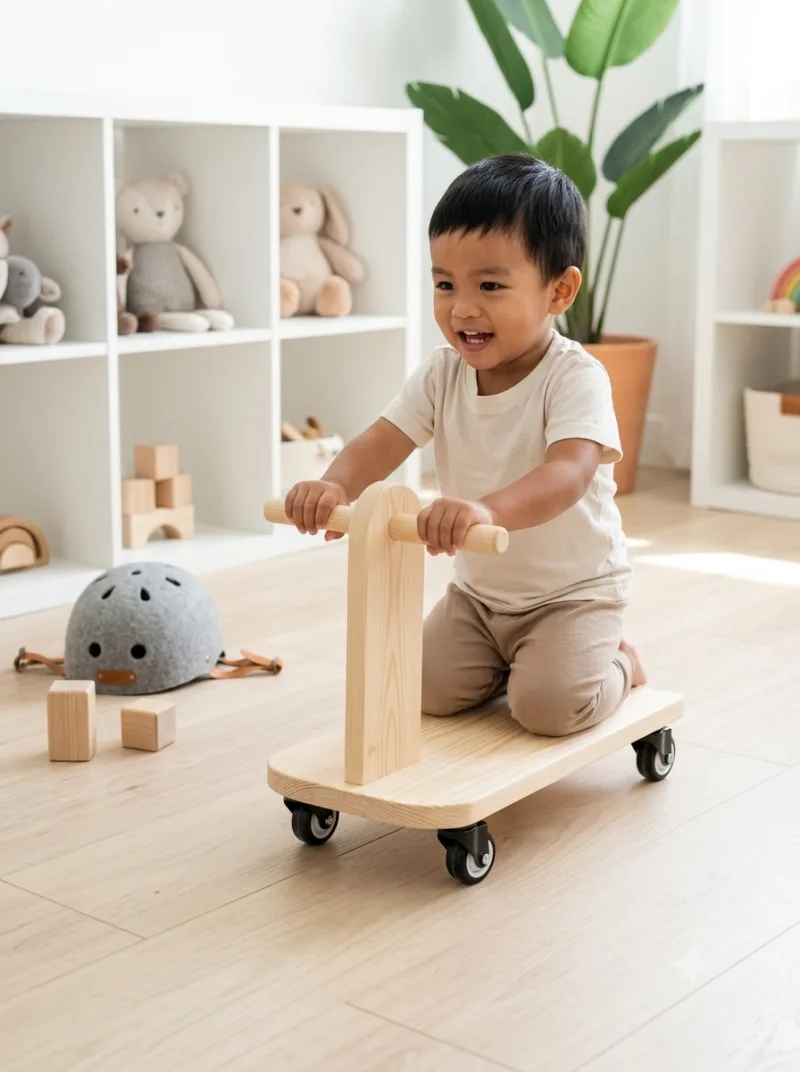 A toddler riding the wooden junior scooter