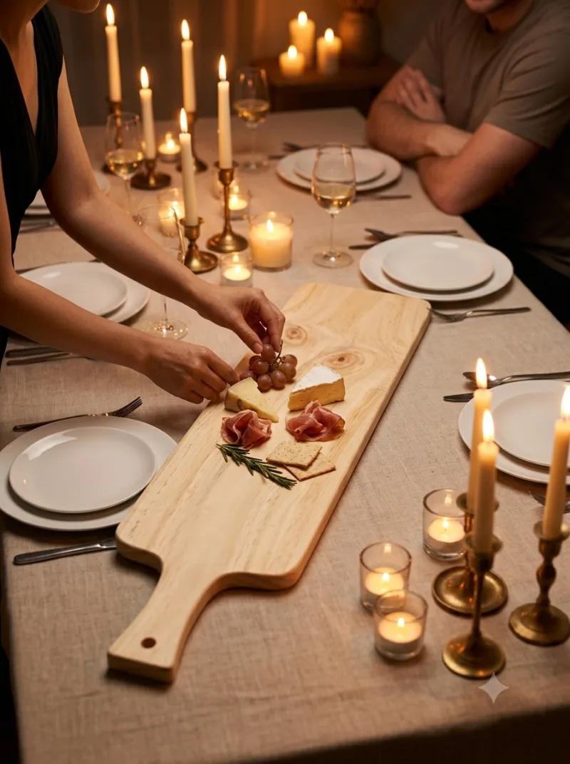 A long wooden charcuterie board on a dinner table
