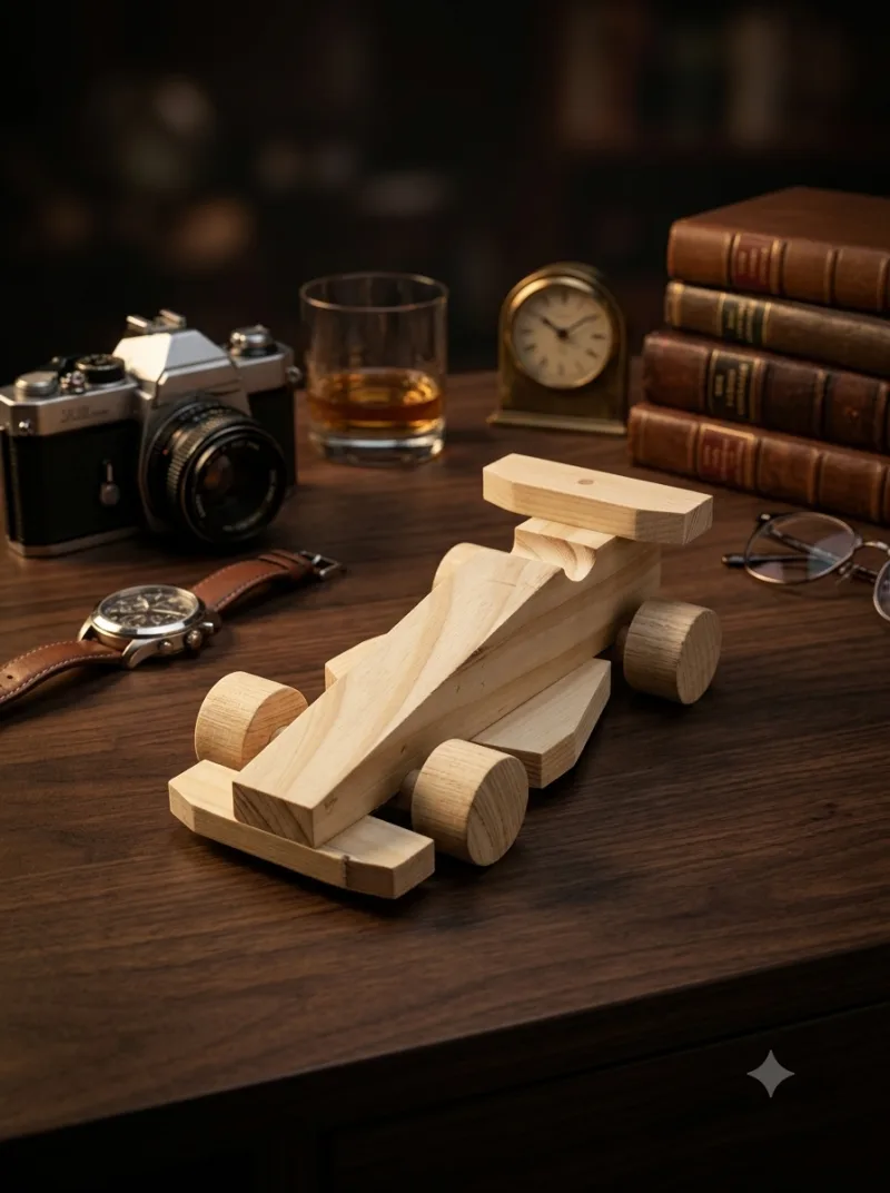 A wooden race car built at Pesta Bina