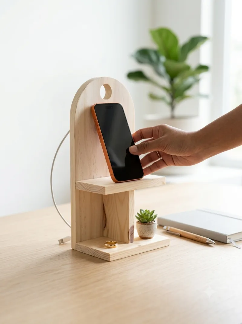 A wooden table top phone stand