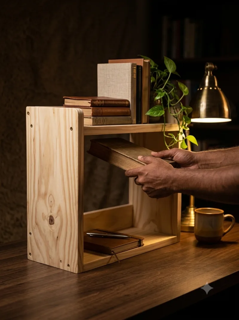 A wooden table top shelf