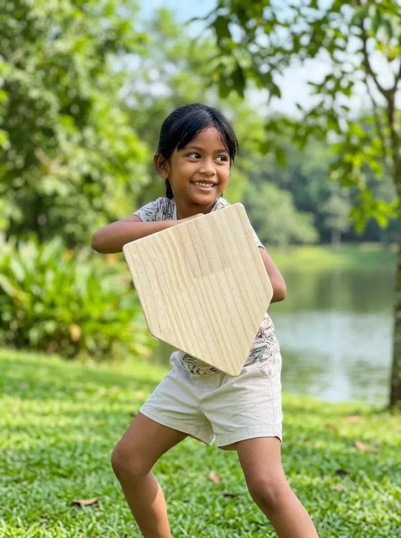 A child holding the wooden Junior shield