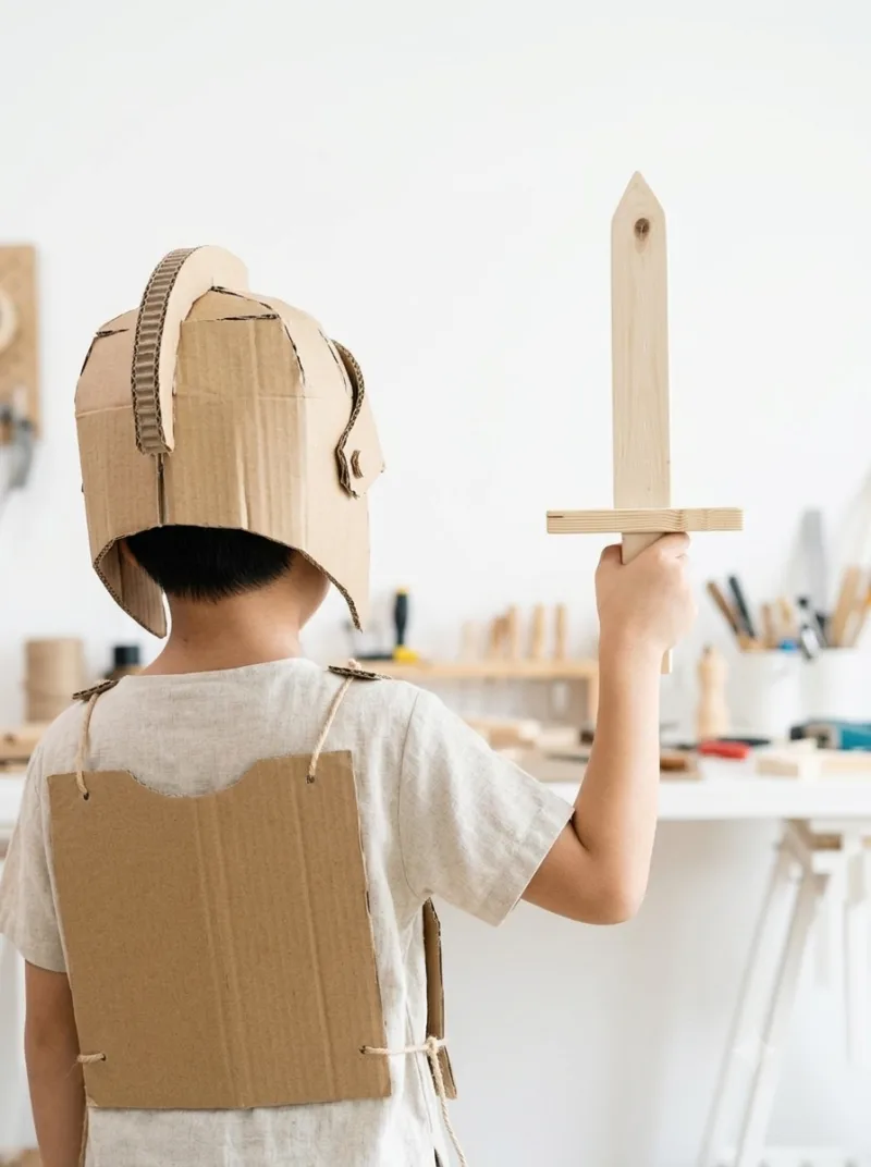 A child with the wooden Junior sword and helmet