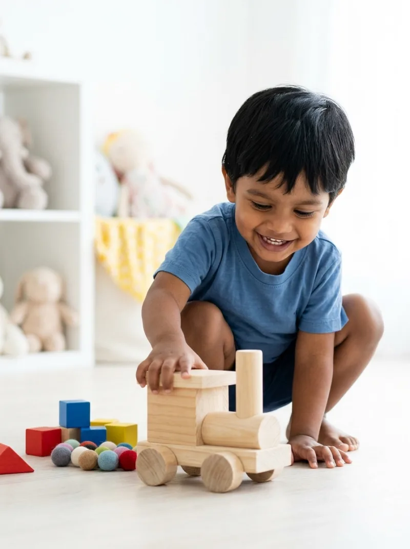 A child playing with the wooden Junior train