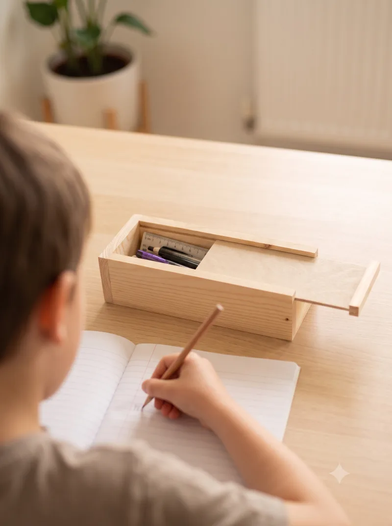 A child with the wooden Junior pencil box