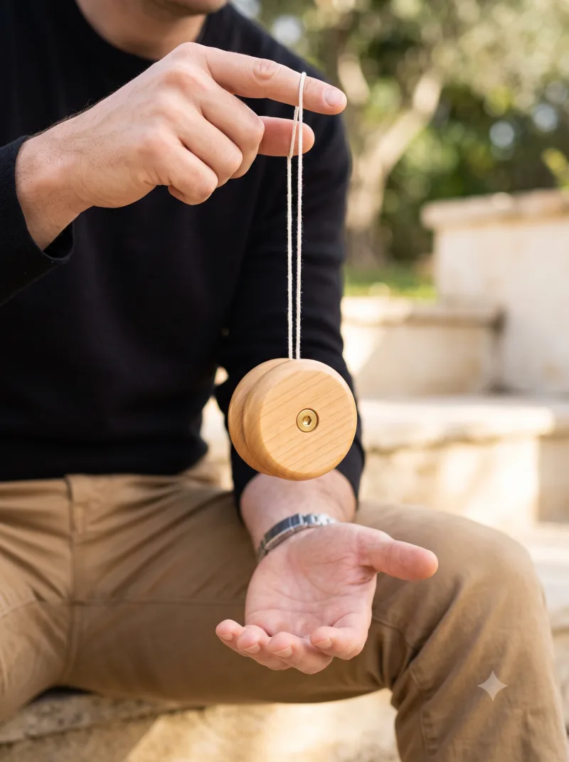 A wooden yoyo in hand